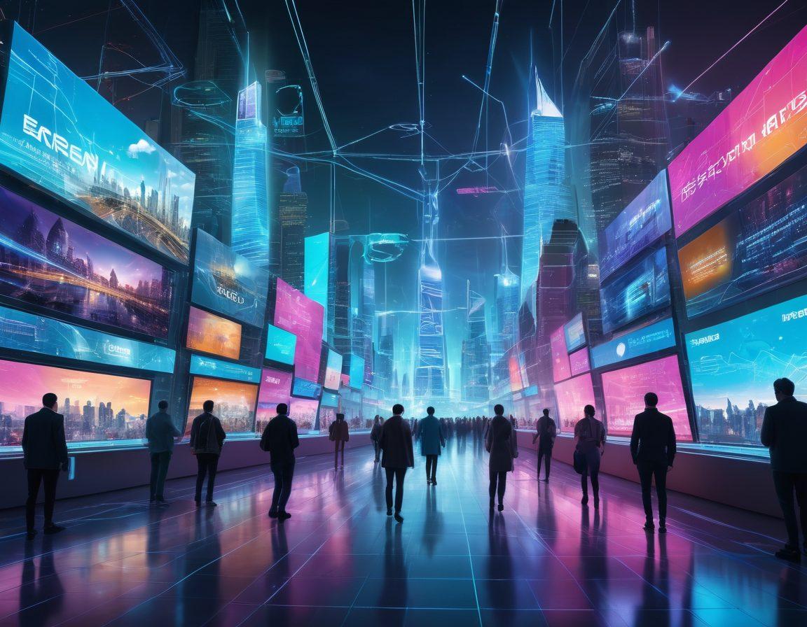 A futuristic city skyline with holographic advertisements showcasing diverse online marketplace products, surrounded by people engaging in digital transactions through transparent screens. Show vibrant trade routes connecting various countries, symbolized by glowing lines on a digital world map in the background. Include drone deliveries and virtual reality shopping experiences, representing innovation in global commerce. cyberpunk. vibrant colors. 3D.