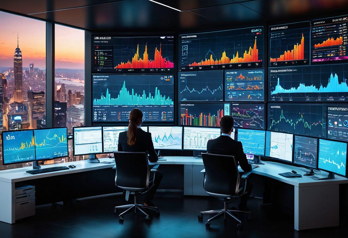 A futuristic digital trading platform where diverse professionals collaborate in a sleek virtual environment. Highlight interactive screens displaying stock charts, graphs, and trading tools, with a backdrop of a vibrant city skyline symbolizing connectivity. Include diverse avatars representing global users, showcasing teamwork and innovation in trading practices. super-realistic. vibrant colors. 3D.