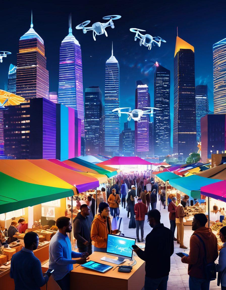 A diverse group of people engaging in a vibrant outdoor marketplace, showcasing technology like drones and mobile devices connecting them. Each person represents different cultural backgrounds, sharing ideas and products, with digital connections visualized as glowing lines. The skyline in the background hints at a modern city, symbolizing future marketplaces. super-realistic. vibrant colors. 3D.